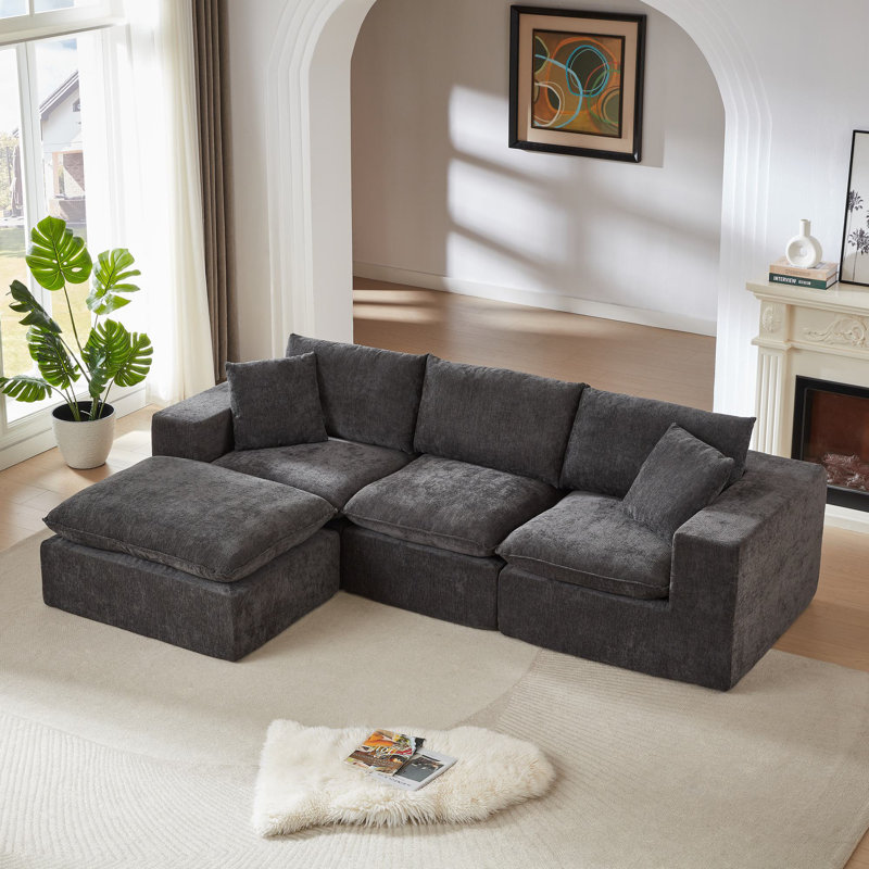 Canapé modulaire en chenille 4 pièces Soneson avec deux repose-pieds Soneson, Gris chenille