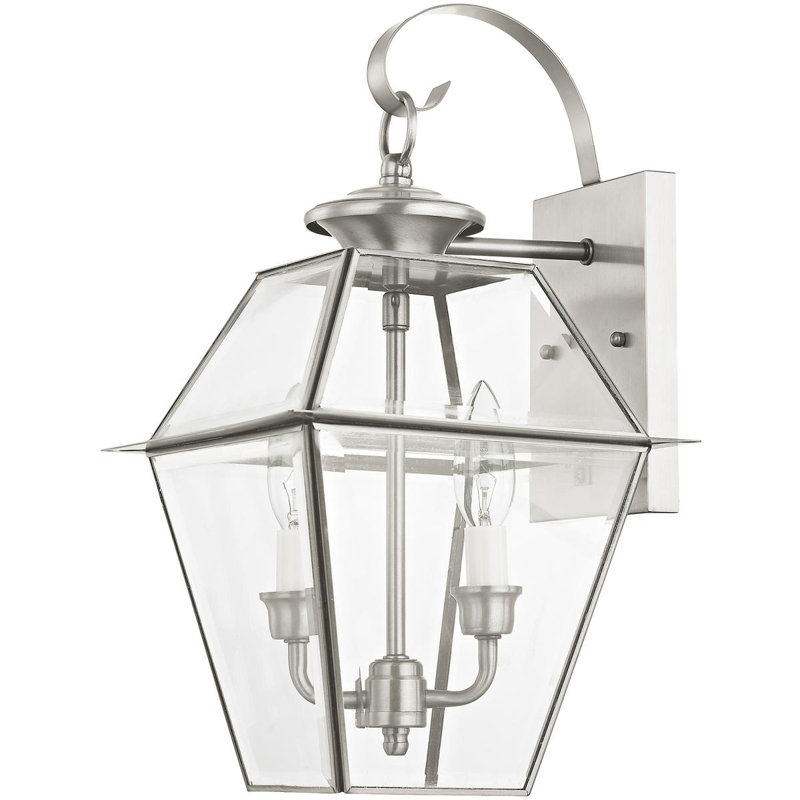 9in 2-Light Outdoor Wall Lantern, Clear Beveled Glass, Pendant Lighting Fixture, Brushed Nickel
