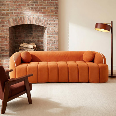98.4" Modern Compressed Sofa, Cloud Couch 3-Seater Corduroy Sofa, No Assembly Required, Bubble Channel Tufted Couch with 2 Pillows