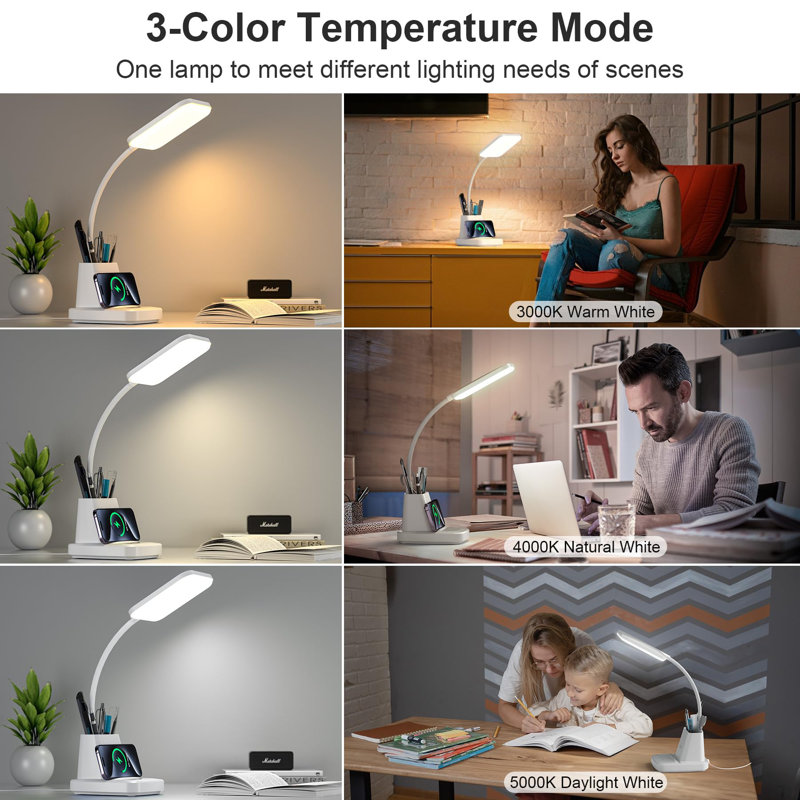 Desk Lamp With Wireless Charger, LED Desk Lamps For Home Office Eye-Caring CRI 90, 3 Colour Modes, Stepless Dimming Touch Table Lamp, Study Small White Lamp With Pen Holder For College Dorm