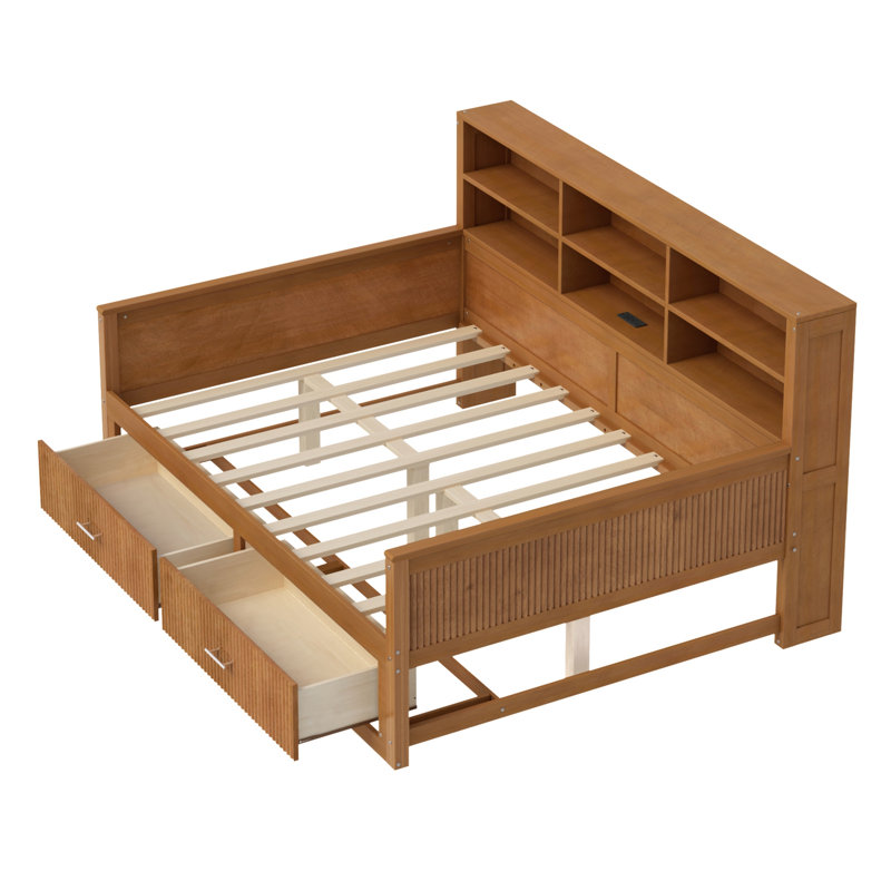 Lit de jour en bois à panneaux cannelés, avec 6 tablettes de rangement de chevet et 2 tiroirs de rangement, station de recharge, sommier à lattes en bois, sans besoin de sommier tapissier.