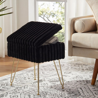 Faux Fur Vanity Stool Chair With Storage, Vanity Stool For Makeup, Foot Stools Ottoman With 4 Metal Legs, Make Up Stool Chair, Small Vanity Bench Seat