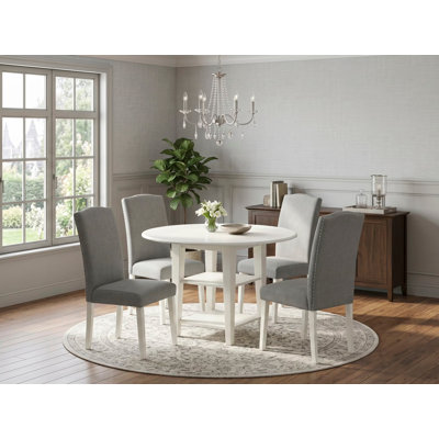 5 Piece Kitchen Table Set for 4 Includes a Round Dining Table with Dropleaf & Shelves and 4 Dark Shitake Linen Fabric Parsons Chairs, 42x42 Inch, Linen White