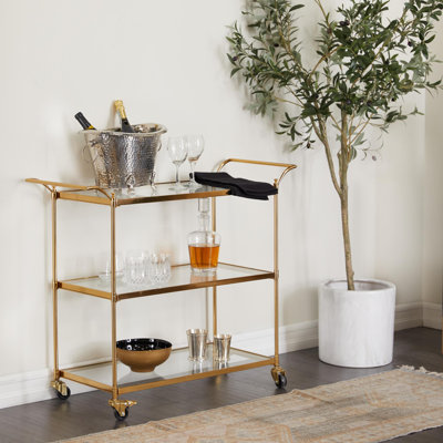 Sellar Metal Rolling 3 Glass Shelves Bar Cart with Lockable Wheels by Mercer41