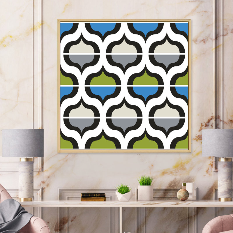 «Green and Blue Retro Geometrics», impression sur toile, H 16 po x l 16 po, Cadre flottant en érable