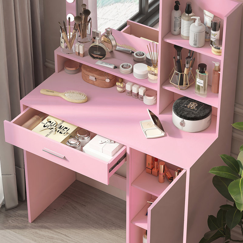 Bureau de coiffeuse avec miroir et bande lumineuse à DEL, coiffeuse avec grand tiroir, commode de rangement à 3 niveaux et 3 modes d'éclairage à luminosité réglable