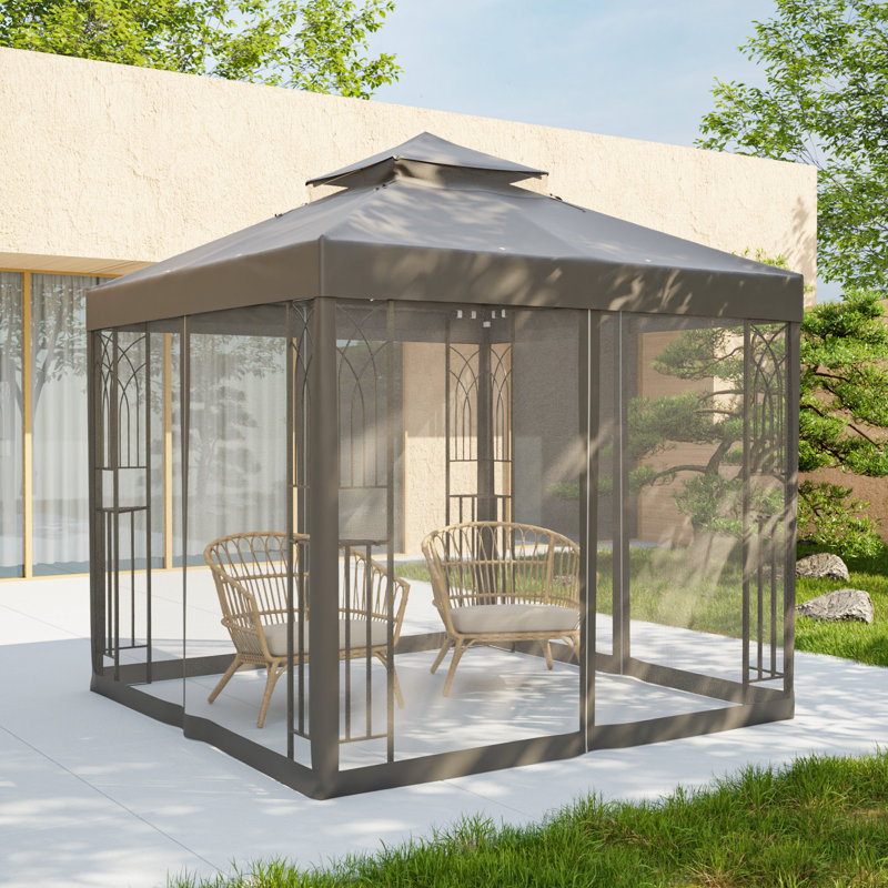 8 Ft. W x 8 Ft. D Steel Patio Soft Roof Gazebo With Netting, Gray