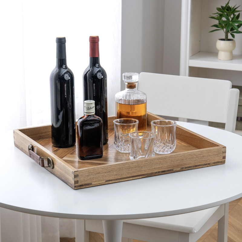 Plateau décoratif en acacia avec poignées en cuir