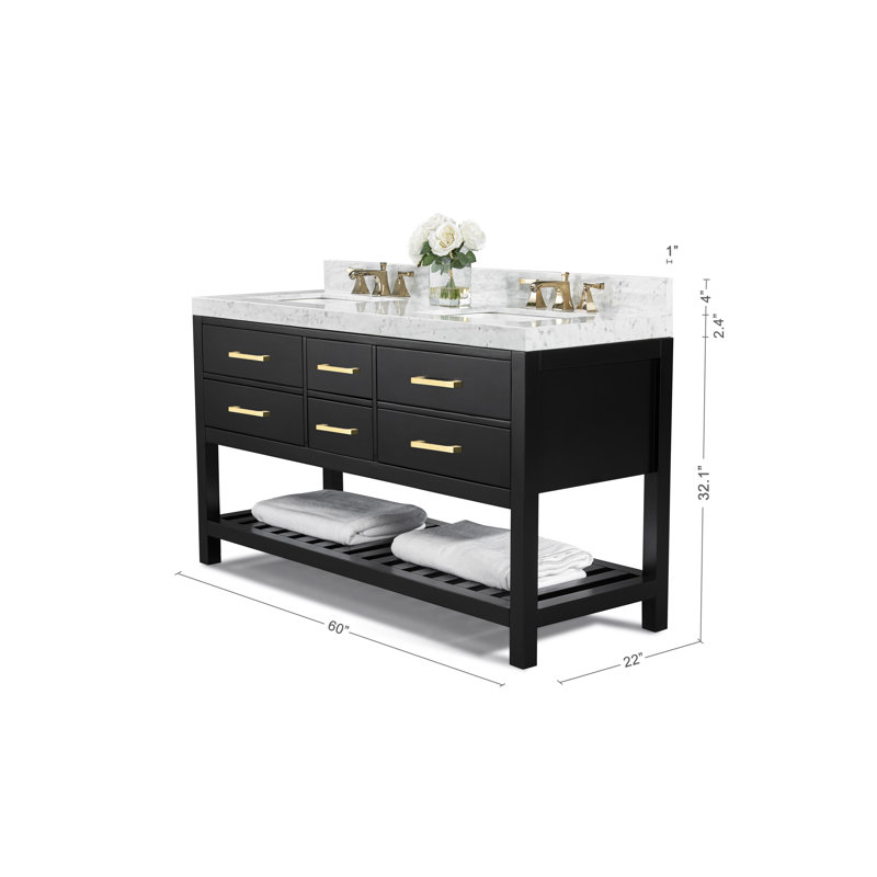 Elizabeth 60'' W Double Vanity, Black Onyx/Brushed Gold, Carrara White Marble