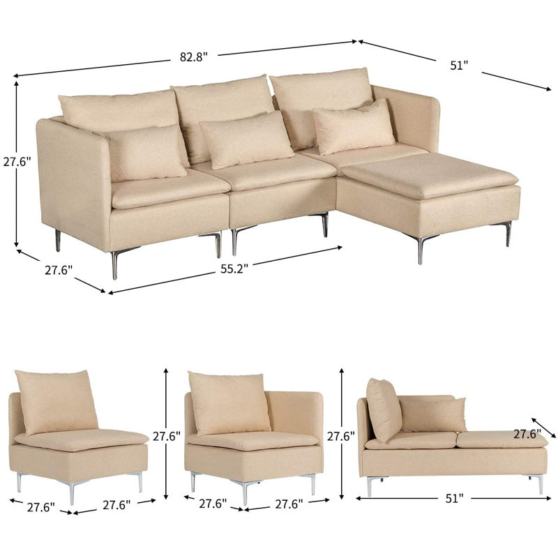 Canapé et méridienne de 82,8 po de large faisant face à la droite, Velours beige