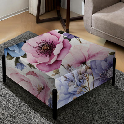 Purple And Blue Serene Watercolor Floral Canvas - Floral Large Square Ottoman