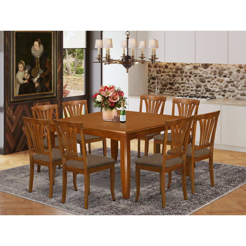 Ensemble de table de salle à manger 9 pièces comprenant une table de cuisine carrée avec rallonge papillon et 8 chaises en lin, brun selle