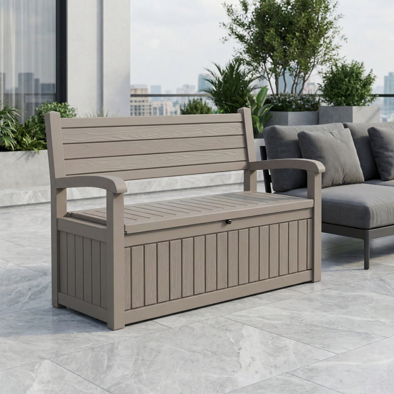 Banc de rangement verrouillable à grain de bois 80 gallons, résine résistante à l'eau, Brun