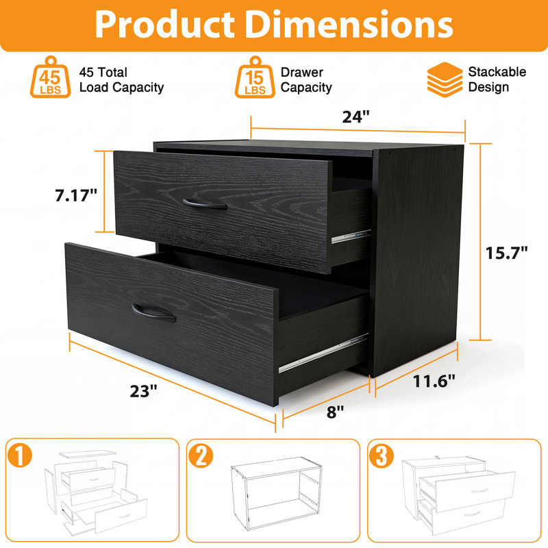 Commode à 2 tiroirs en bois noire, ensemble de 2, organisateur de placard empilable pour dortoir de chambre à coucher, Noir