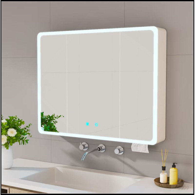 Armoire à pharmacie DEL pour la salle de bain avec lumière blanche une couleur, anti-buée, armoire en plastique-aluminium facile à installer. (27,56 x 35,43 trois portes)