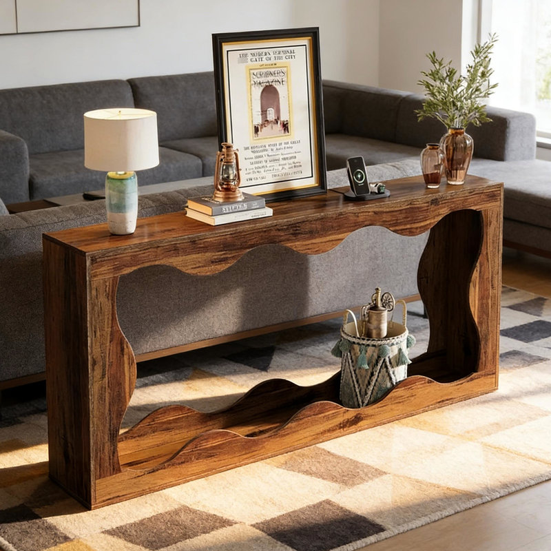 Table élégante en bois naturel aux ondulations ludiques, deux tables pour un rangement optimal, brun rustique, profondeur 163 cm, largeur 30 cm, hauteur 88,5 cm. Dynamisme visuel moderne et industriel pour une entrée.