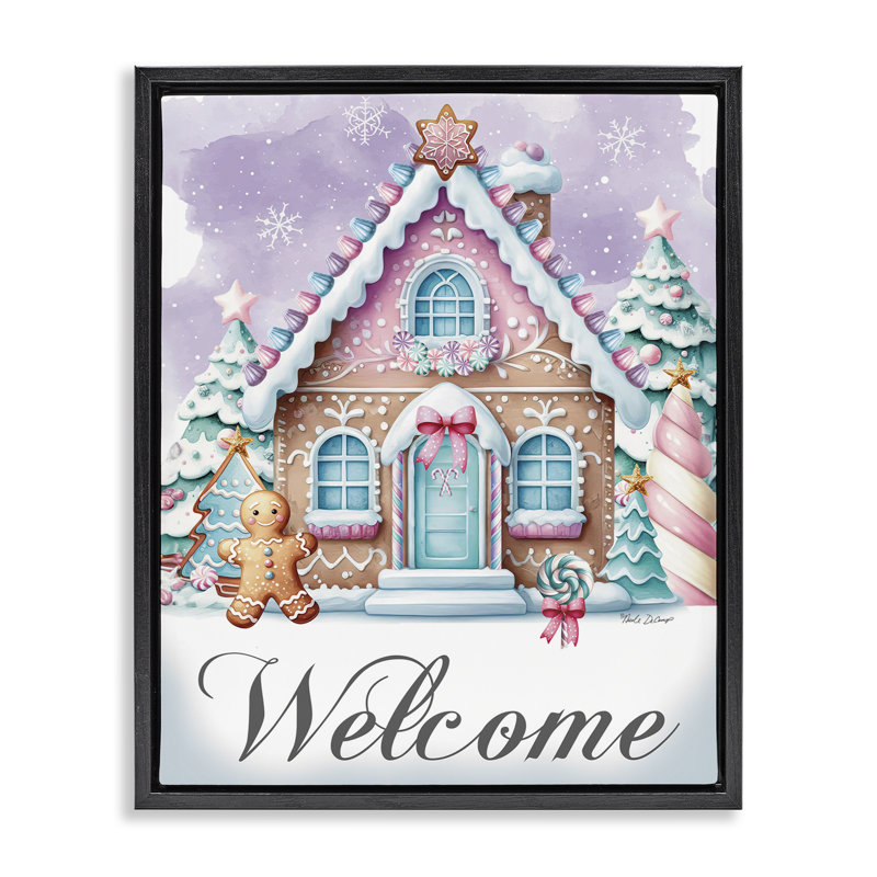 «Welcome Gingerbread House», art mural encadré par Nicole DeCamp, Cadre flottant noir de jais, H 31 po x l 25 po
