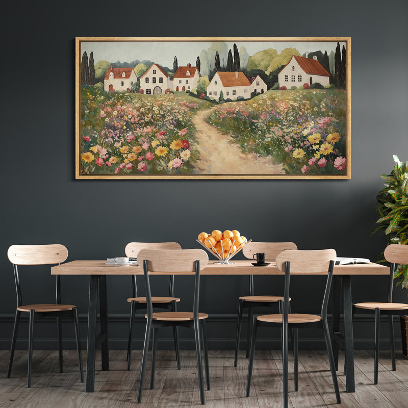 Charmante maison de campagne avec toile encadrée - Champ de fleurs et scène de village pour décor de ferme, H 30 po x l 60 po