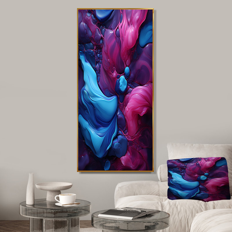 Bleu et mauve sans soudure Marble River IV - Art mural abstrait, Cadre flottant doré, H 60 po x l 28 po x P 1,5 po