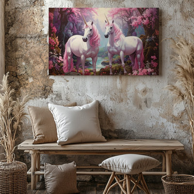 Art mural, licornes dans la forêt enchantée, art fantasmagorique des créatures majestueuses