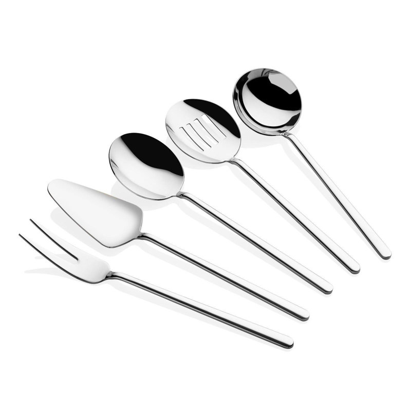 Service à sauce en acier inoxydable 5 pièces de qualité supérieure, argent | Comprend une louche de 8,1 po, une cuillère de 8,7 po, une fourchette de 8,9 po, une crépine de 8,7 po et une spatule de 9,3 po | 100% durable et lavable au lave-vaisselle | Idéal pour les amateurs de cuisine et les réceptions