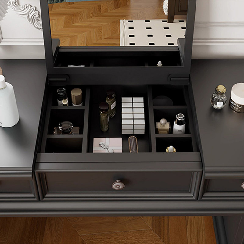 Coiffeuse de maquillage avec miroir, 5 tiroirs, prise de courant, 1 chaise