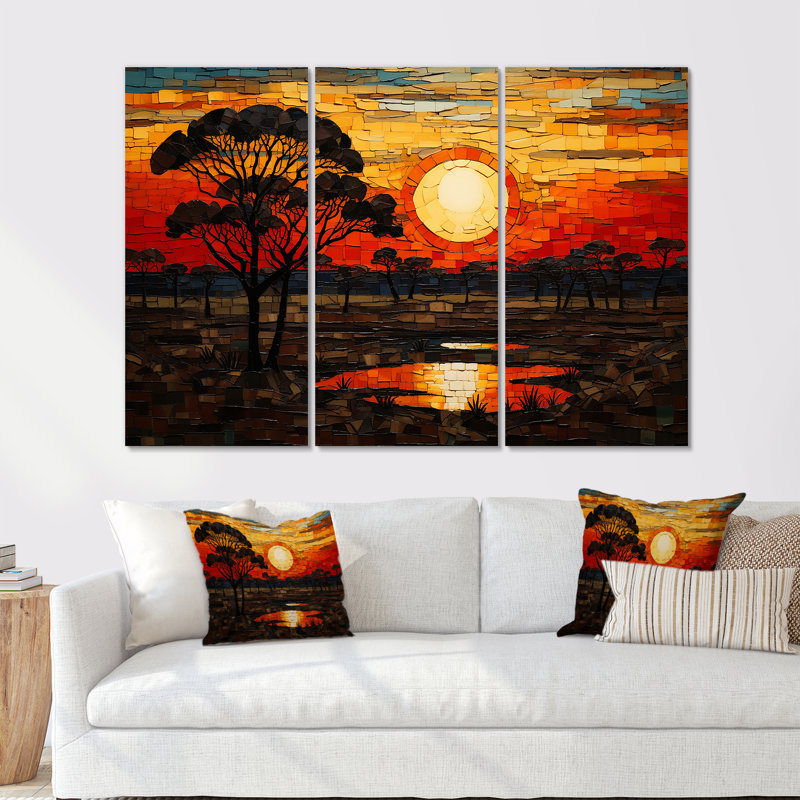 Savannah, coucher de soleil en safari africain dans les teintes 3 - Boho mosaïque, art mural, Toile tendue