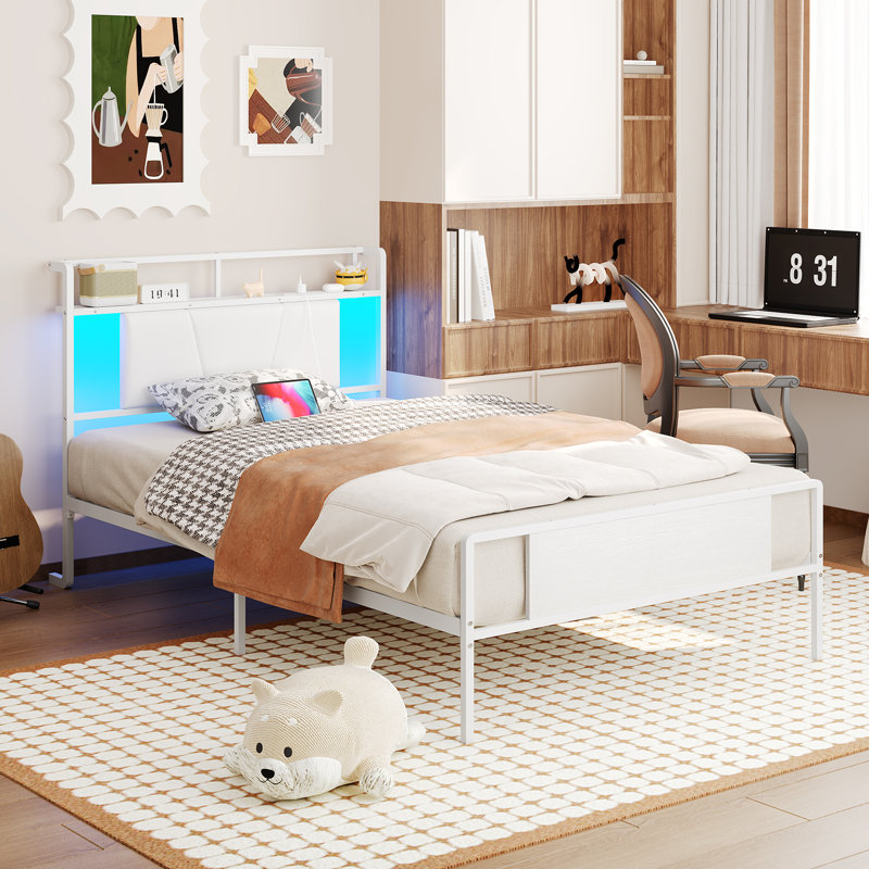 Bed Frame with Upholstered Headboard and Charging Station, Twin, White