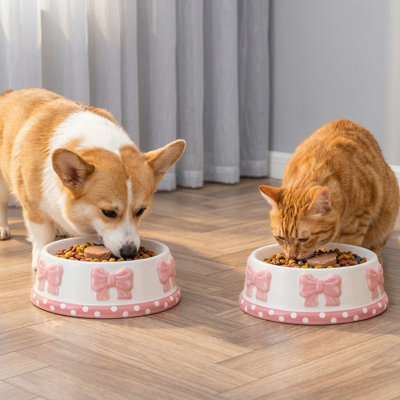 1pc Pink Bow Ceramic Bowl for Small Dogs & Cats, Macaron Pink, Cute Bowtie Design