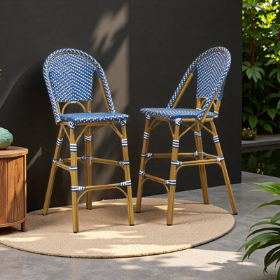 Tabouret de bar 29,5 po en rotin français d'extérieur, structure en aluminium avec finition en bambou (ensemble de 2)