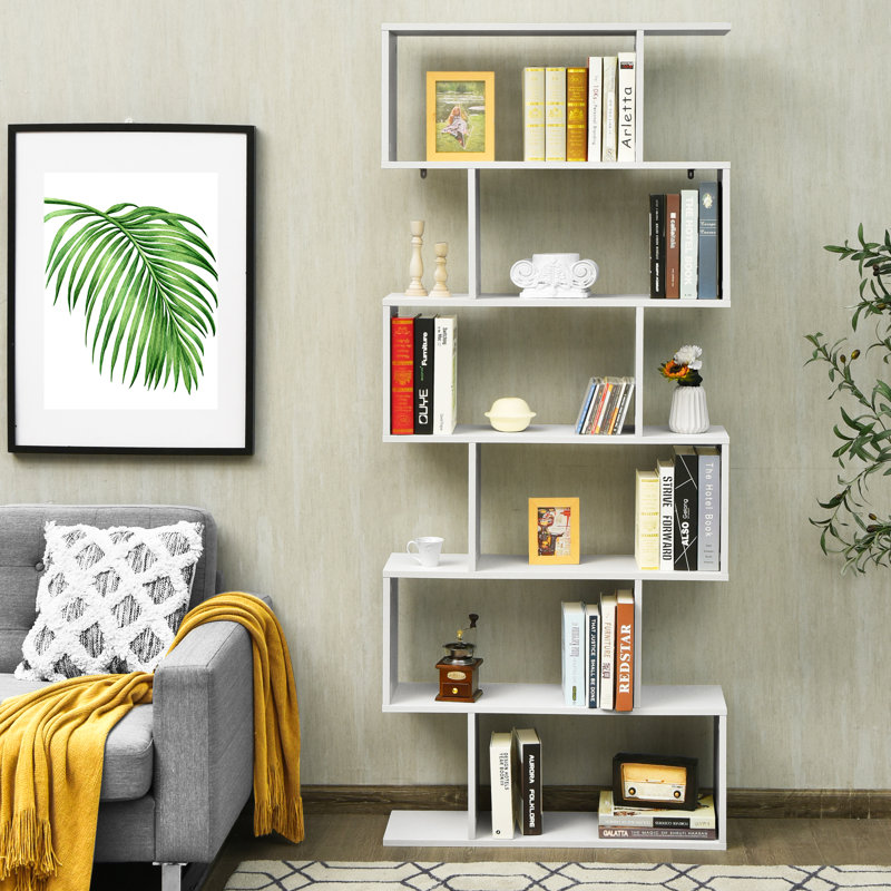 White S-Shaped 6-Tier Wooden Geometric Bookcase