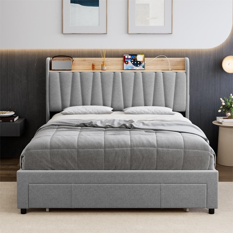 Upholstered Bed Frame With Storage Headboard And Charging Station, Light Gray, Queen