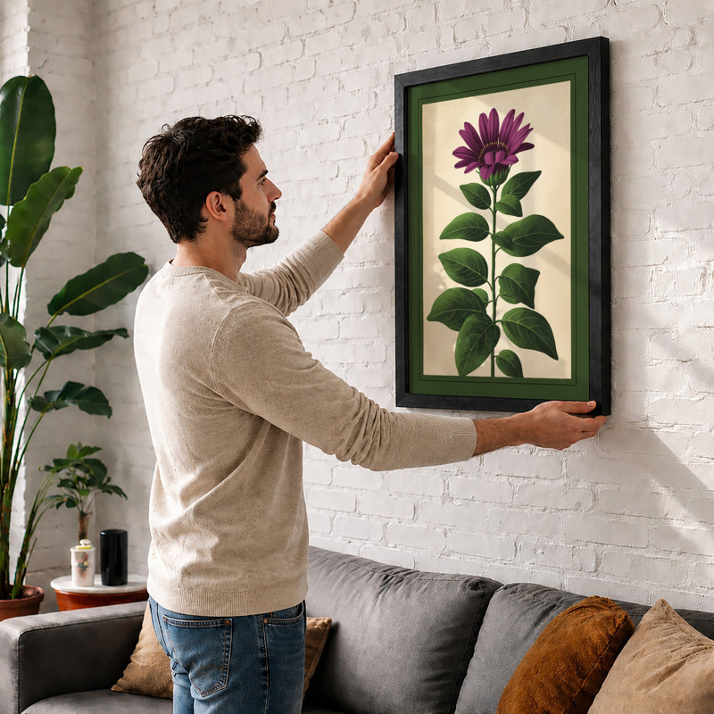 Purple Flower Study Botanical - Framed Print, A2 - 59.4 x 42.0 cm, Oak