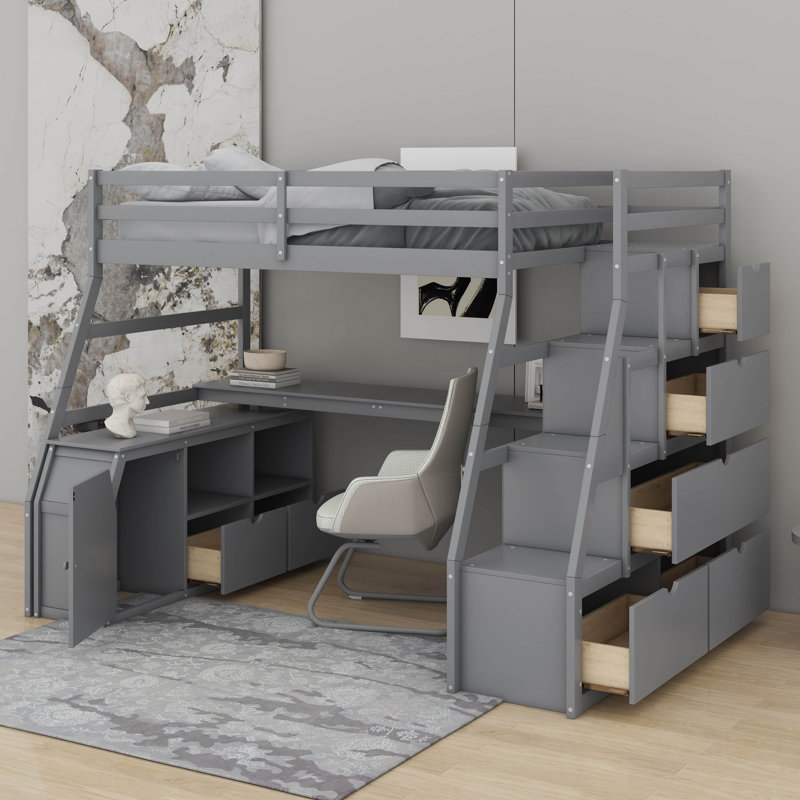 Lit mezzanine simple avec tiroirs, tablettes et bureau, gris