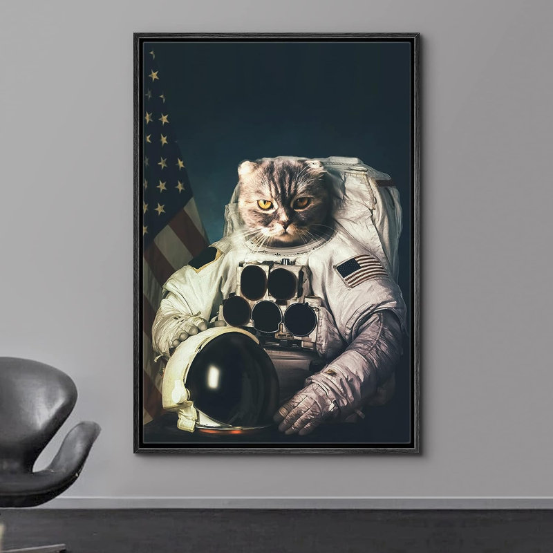Astronaute avec tête de chat et drapeau américain, astronomie et animaux de l'espace sur toile, H 24 po x l 16 po x P 1,5 po