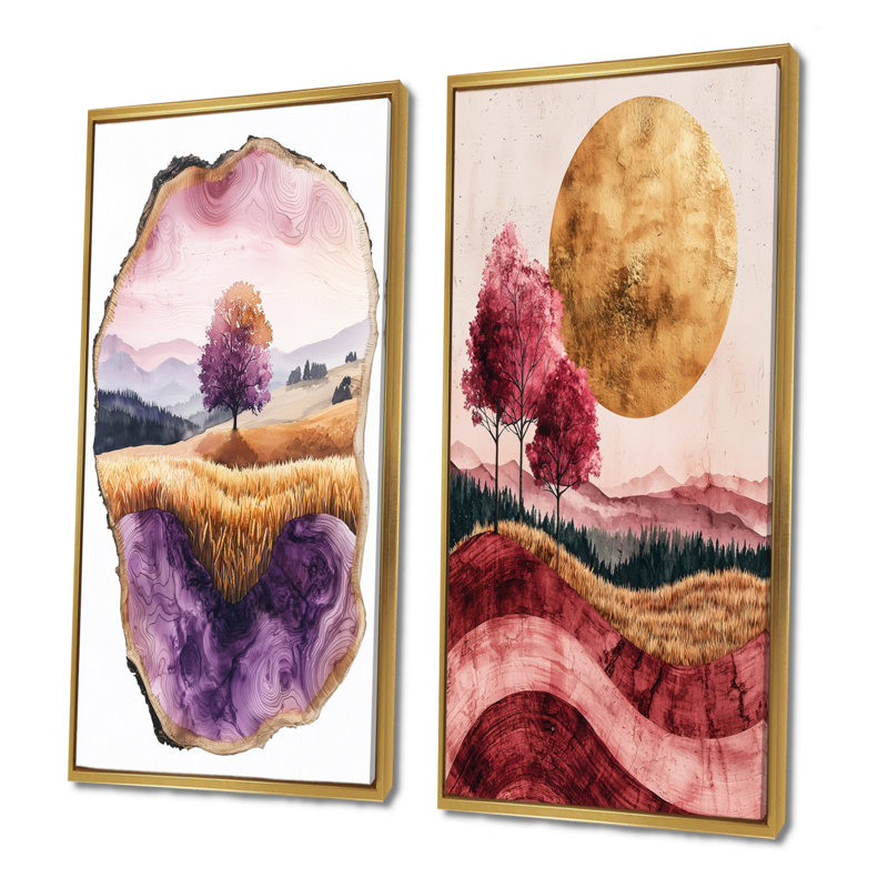 «Farm Charm Meadow with Lavender Ink Field Landscape III», collection d'art mural 2 pièces, H 32 po x l 33 po
