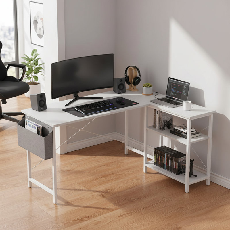L-Shaped Metal Base Computer Desk, White