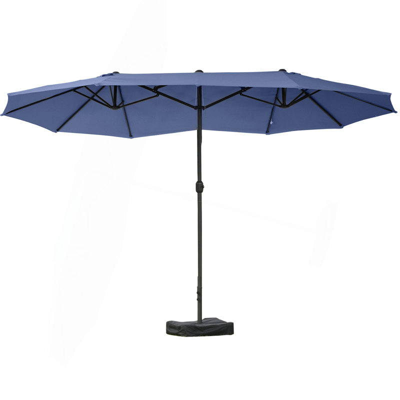 Parasol d'extérieur rectangulaire en acier de 15 pi avec base, protection solaire et manivelle pour terrasse, Bleu