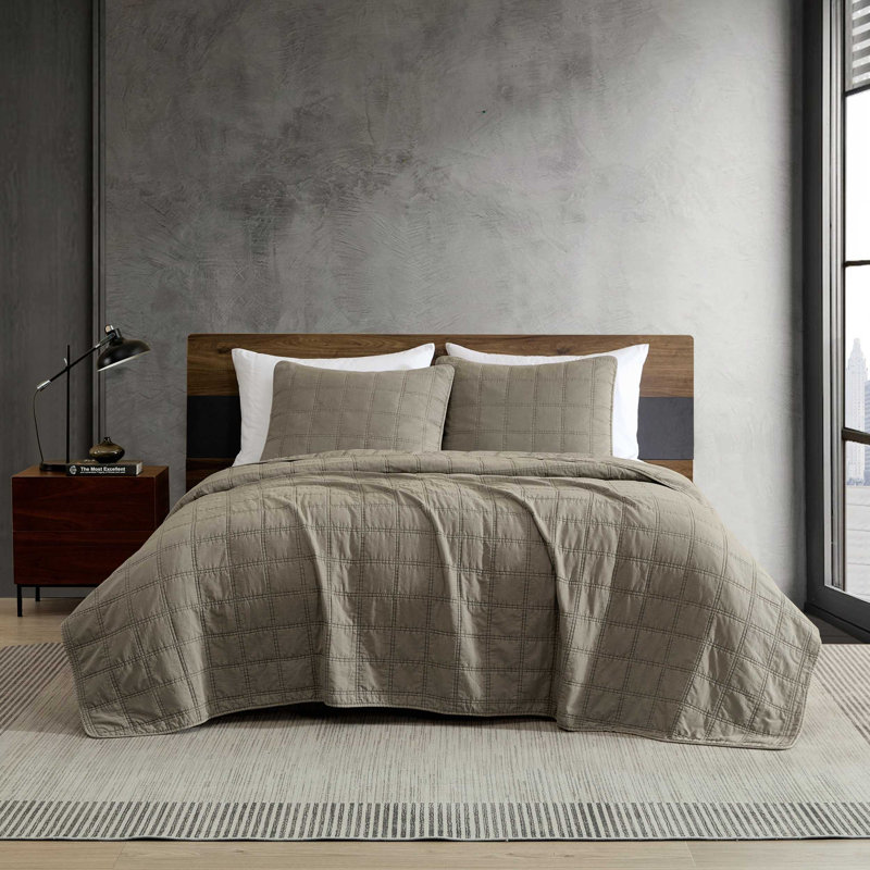 Kenneth Cole Stonewashed Solid Reversible Quilt Set, Queen Quilt, Brown