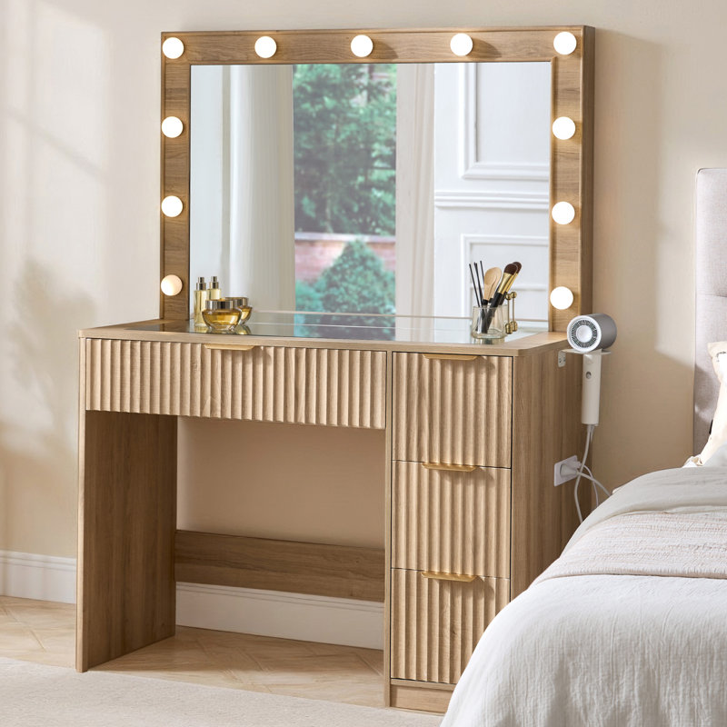Meuble-lavabo moderne 36,2 po avec 4 tiroirs, miroir lumineux à DEL et prises de courant, naturel, Naturel