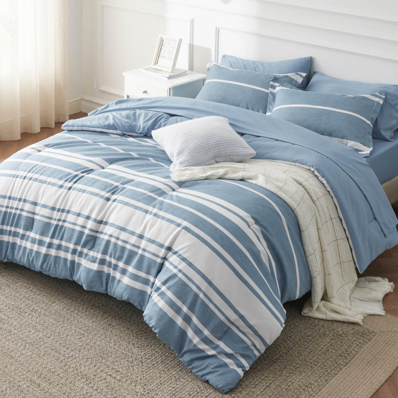 Bedsure Striped All Season Comforter Set, Twin Comforter + 4 Additional Pieces, Gray Blue