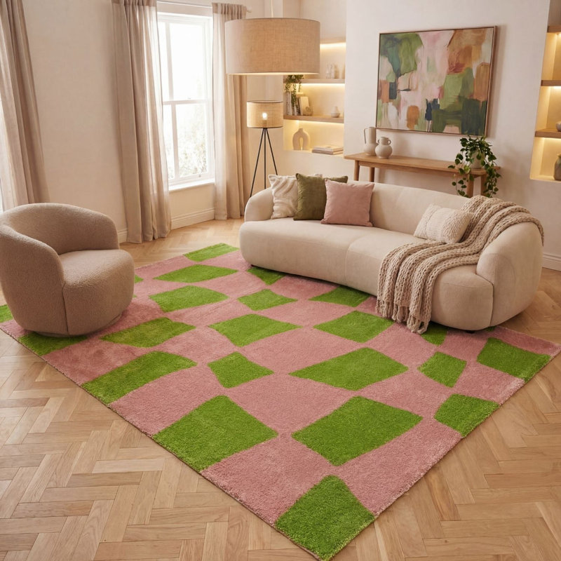 Joli Chequered Area Rug Soft Dense Pile for Living Rooms and Bedrooms, Green/Pink, Rectangle 120 x 170 cm