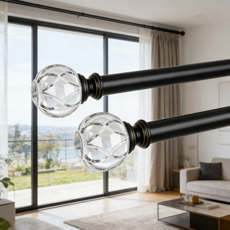 Adjustable Single Curtain Rod With Crystal Netted Finials, Heavy Duty 1 Inch Diameter Metal Drapery Rod For Windows, 2 Pack