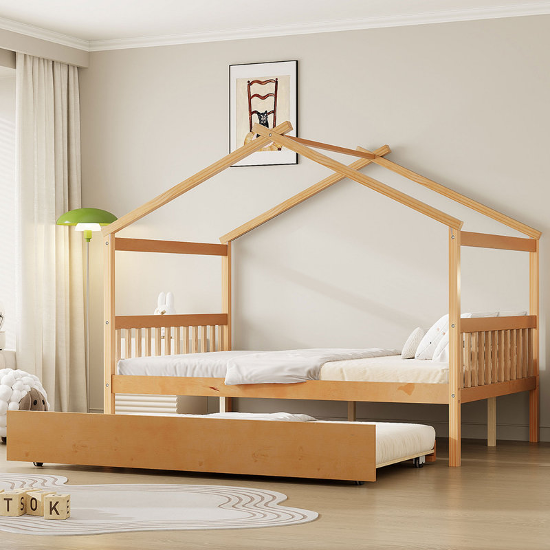 Lit double en bois avec lit gigogne simple, Naturel