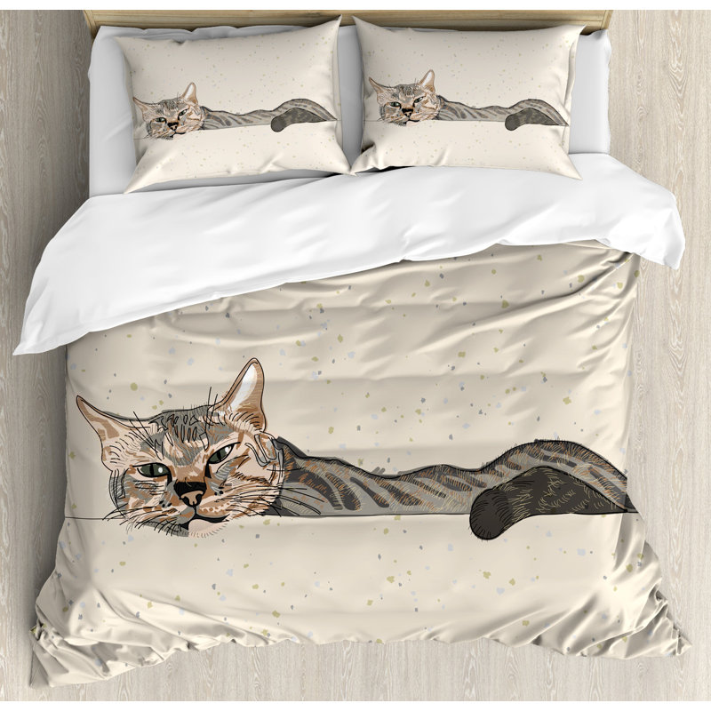 Beige Cat Print Queen Size Polyester Duvet Cover Set