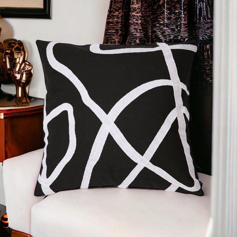 Housse de coussin réversible en coton brodé, Noir
