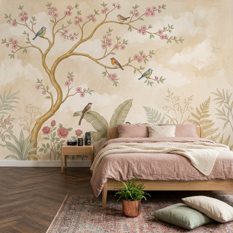 Papier peint mural botanique, branche florale, pastel doux, décoration murale amovible, Texturé non collé, 200 po x 120 po