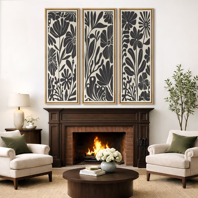 Abstract Botanical «Mid-Century Modern Boho Floral Artwork dessus du canapé, audacieuses photos de salon en noir et blanc, art numérique encadré sur toile 3 pièces