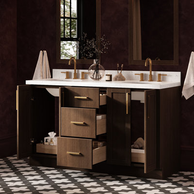   Ensemble de meuble-lavabo ovale double 60 po avec comptoir en quartz blanc Carrare Kayleigh