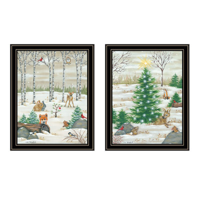 Trendy Decor 4U 2- Piece Vignette Woodland "Critters For Christmas" Black Framed Wall Art For Living Room, Bedroom Wall Art Print For Home Decor By Li